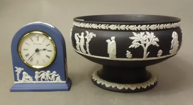 Wedgwood black jasperware pedestal fruit bowl, together with a Portland