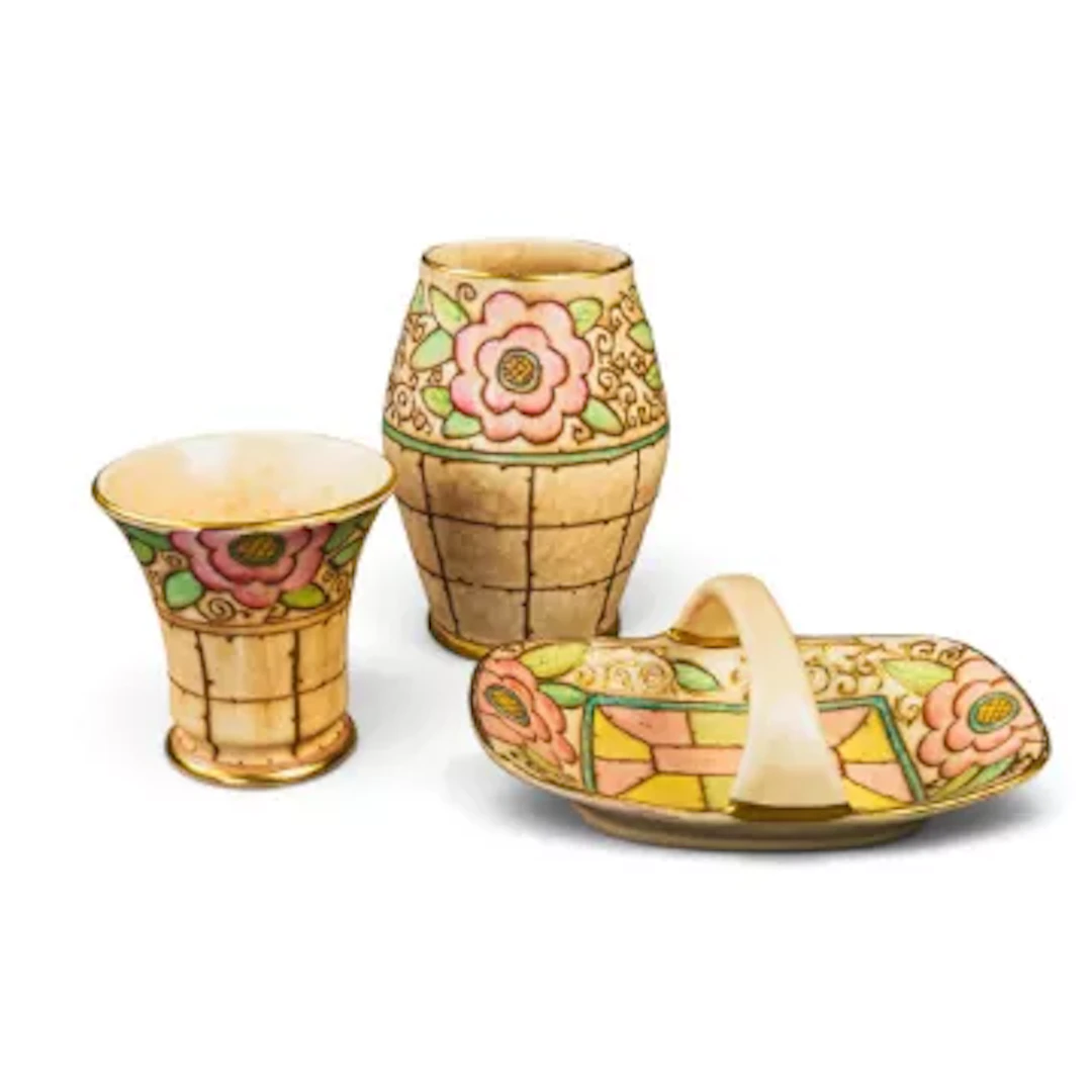 Three Charlotte Rhead pieces in a rare colour version of the Trellis