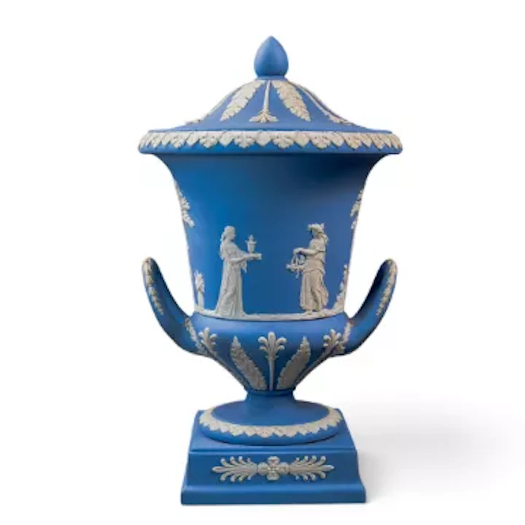 A Wedgwood Campana lidded urn vase, decorated in typical colours with