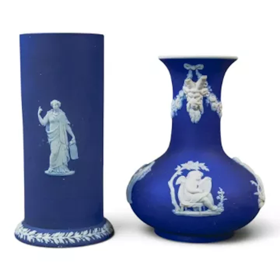 Two antique Wedgwood white on dark blue dipped Jasper neoclassical