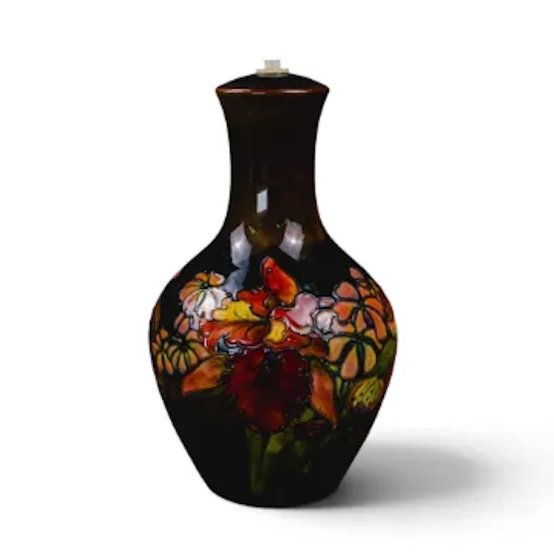 A large Orchid pattern lamp designed by Walter Moorcroft, decorated