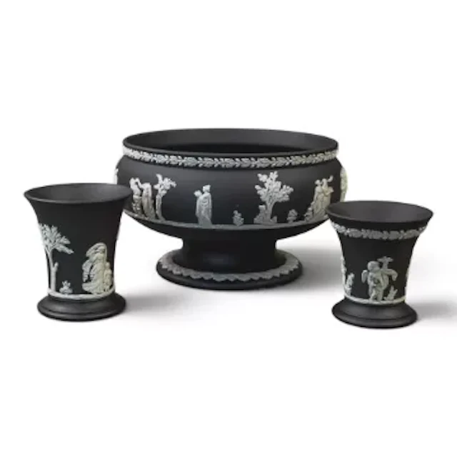 A collection of Wedgwood white on black neoclassical Jasper pieces