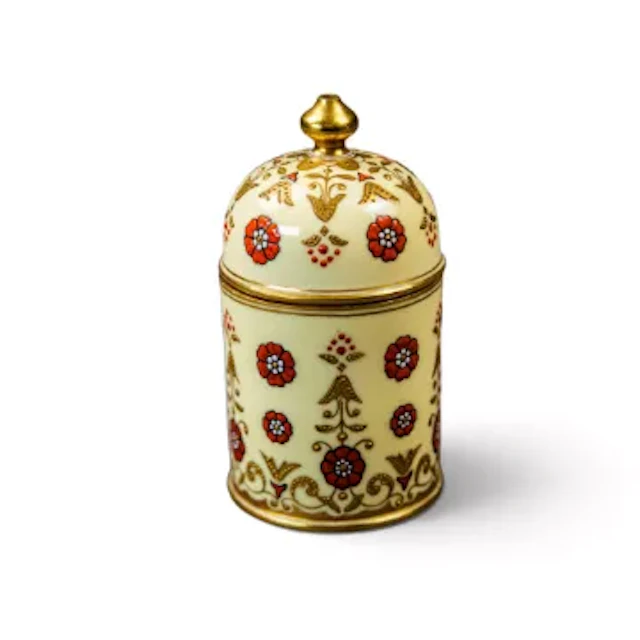 A 19th Century Coalport cylindrical jar with domed cover with jewelled