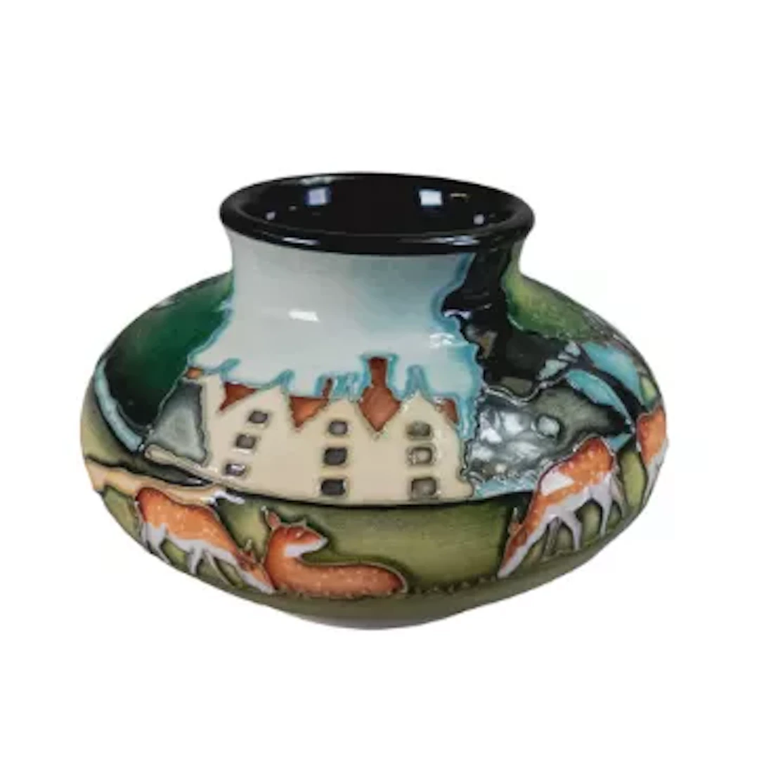 Moorcroft trial vase with deer on a country estate, dated 2014, h.8cm.