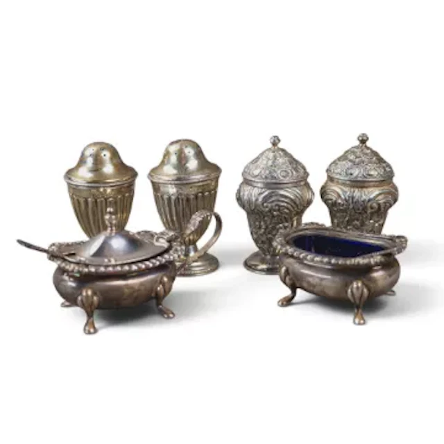 6 x hallmarked silver cruet pieces some with glass liners, weighable
