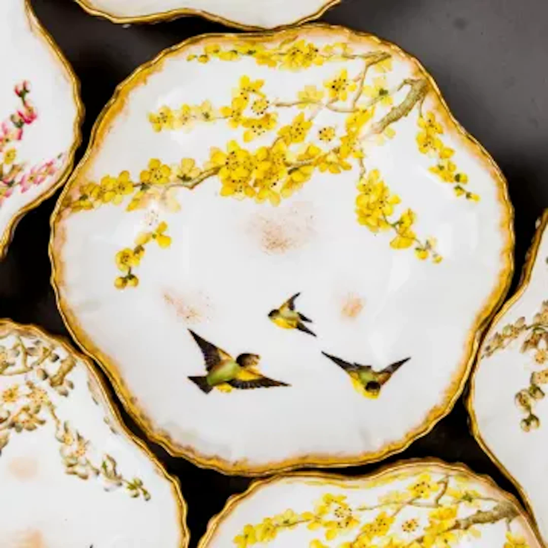 A group of George Jones, Crescent China pieces in the Birds & Bloom