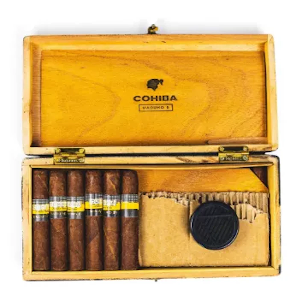 Cigars, opened box of eighteen Cohiba Maduro 5 Magicos. There are