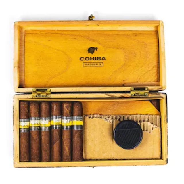 Cigars, opened box of eighteen Cohiba Maduro 5 Magicos. There are