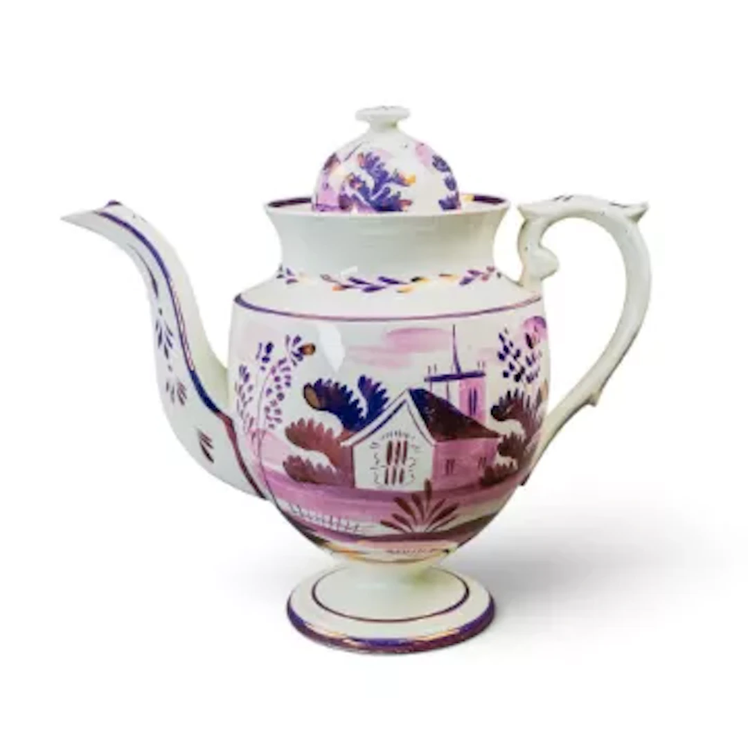 A 19th century creamware pink lustre coffee pot & cover, Sunderland