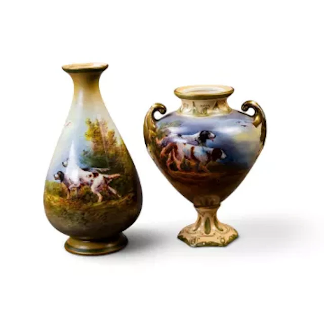 Two Crown Devon Fieldings vases, both hand decorated with gundogs