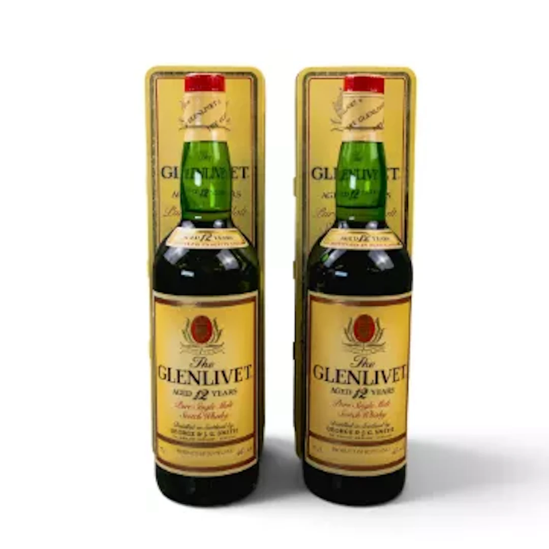 Glenlivet 12 Year Old single malt Scotch Whisky, both in tin casing