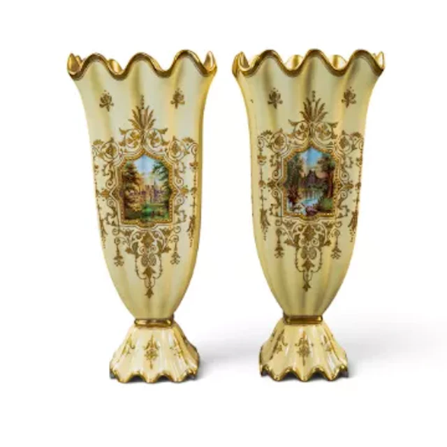 Pair of Coalport gilded shaped porcelain vases,, hand painted cartouche