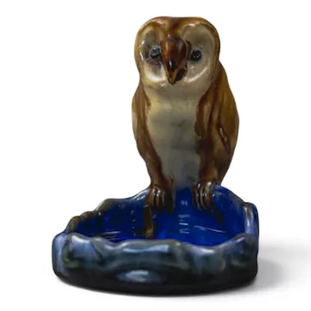 A Royal Doulton Lambeth Stoneware owl bibelot dish, with owl perched