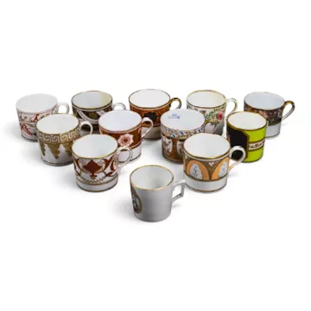 A group of 12 English porcelain 19th century tea cups by various manufacturers