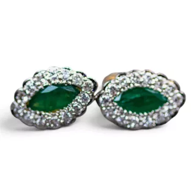 Pair of 14ct white gold (electronically tested), diamond & emerald