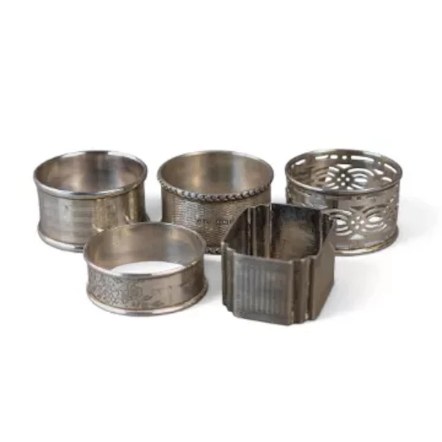 5 x sterling silver hallmarked napkin / serviette rings, part of a