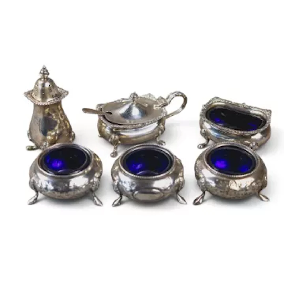 6 x hallmarked silver cruet pieces some with glass liners, weighable