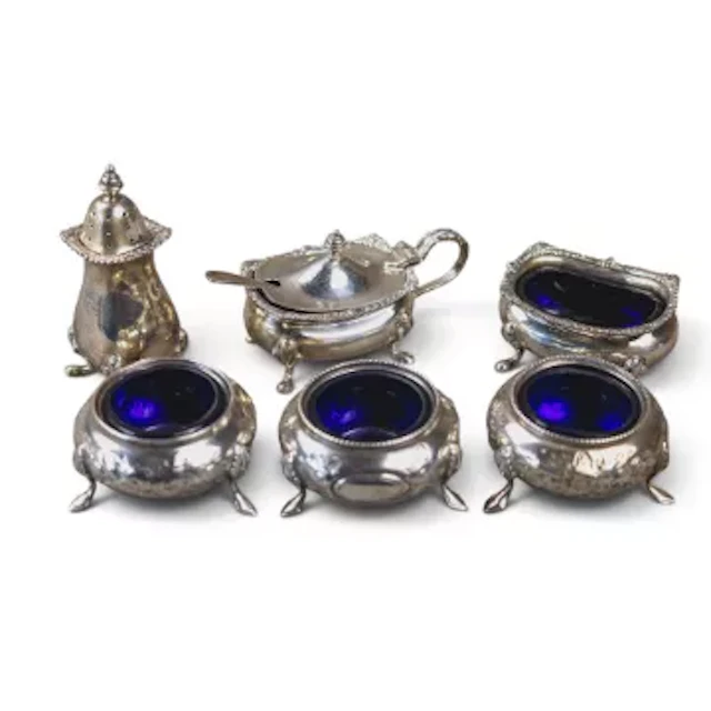 6 x hallmarked silver cruet pieces some with glass liners, weighable