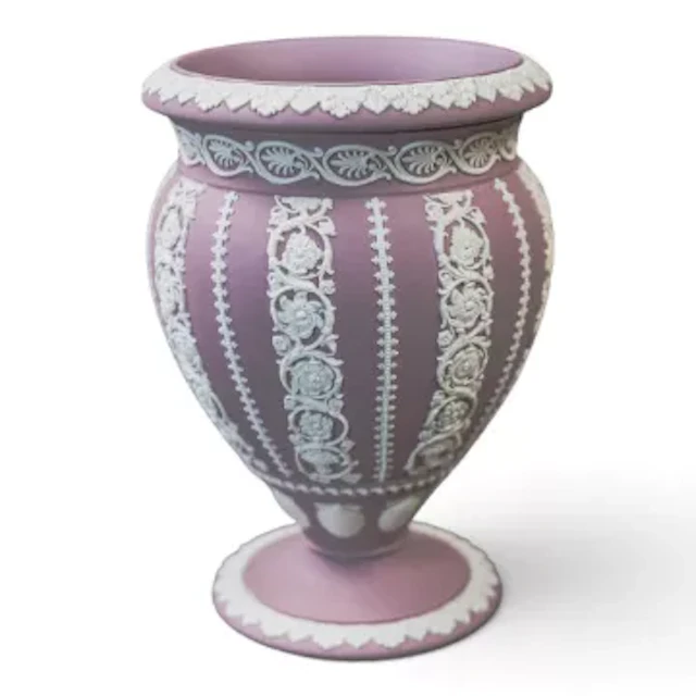 A Wedgwood white on lilac Jasper prestige pedestal vase, circa 1960.