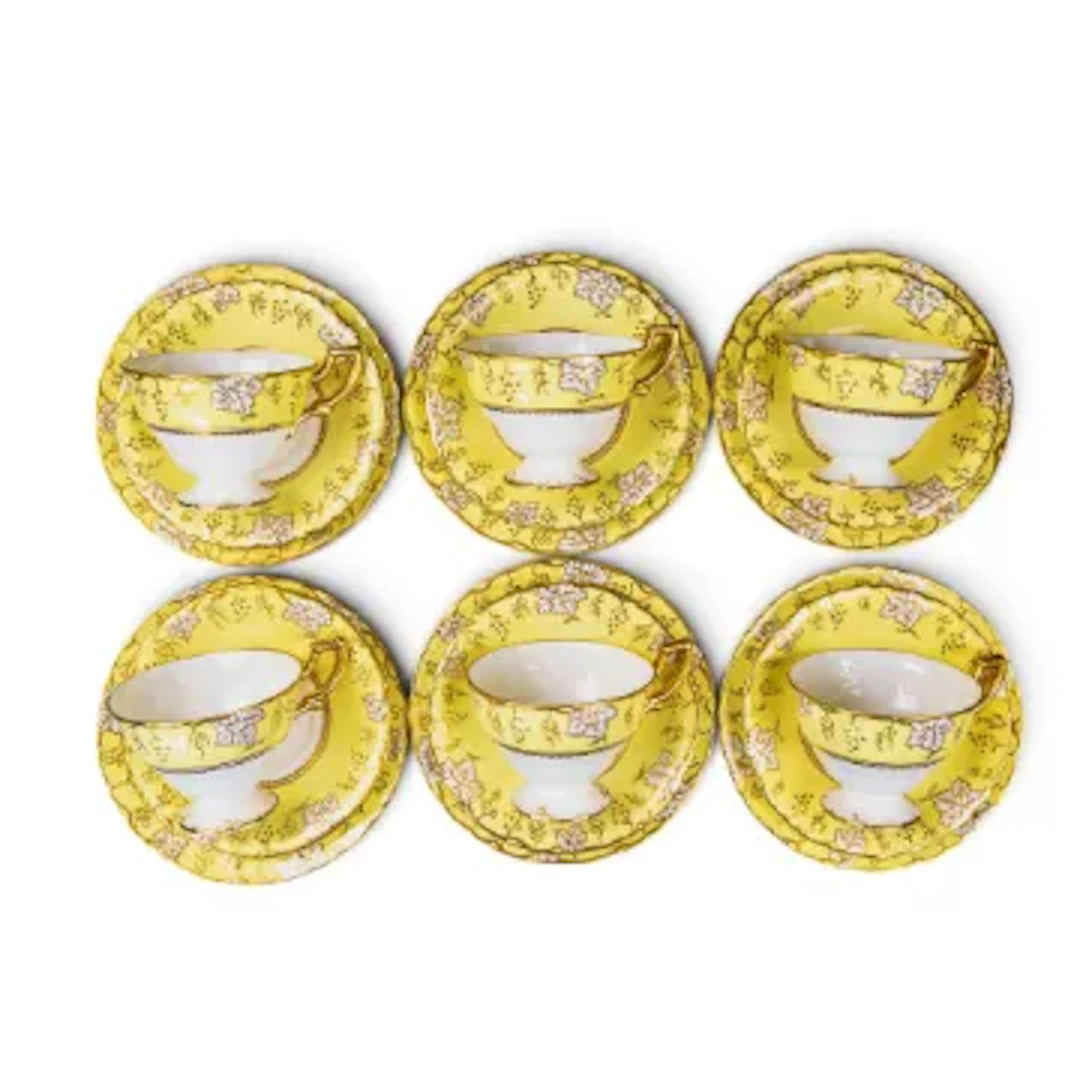 Royal Crown Derby yellow vine XXX pattern teacups, saucers and side