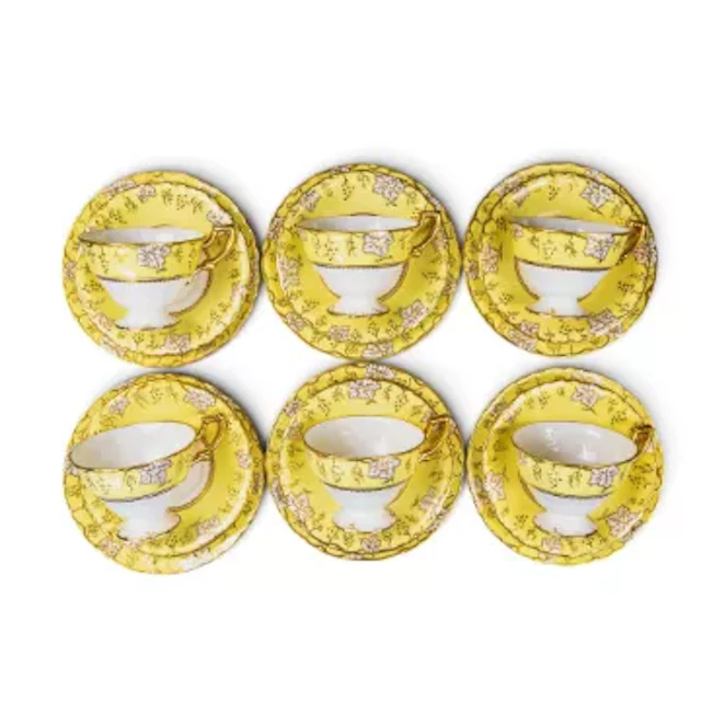 Royal Crown Derby yellow vine XXX pattern teacups, saucers and side