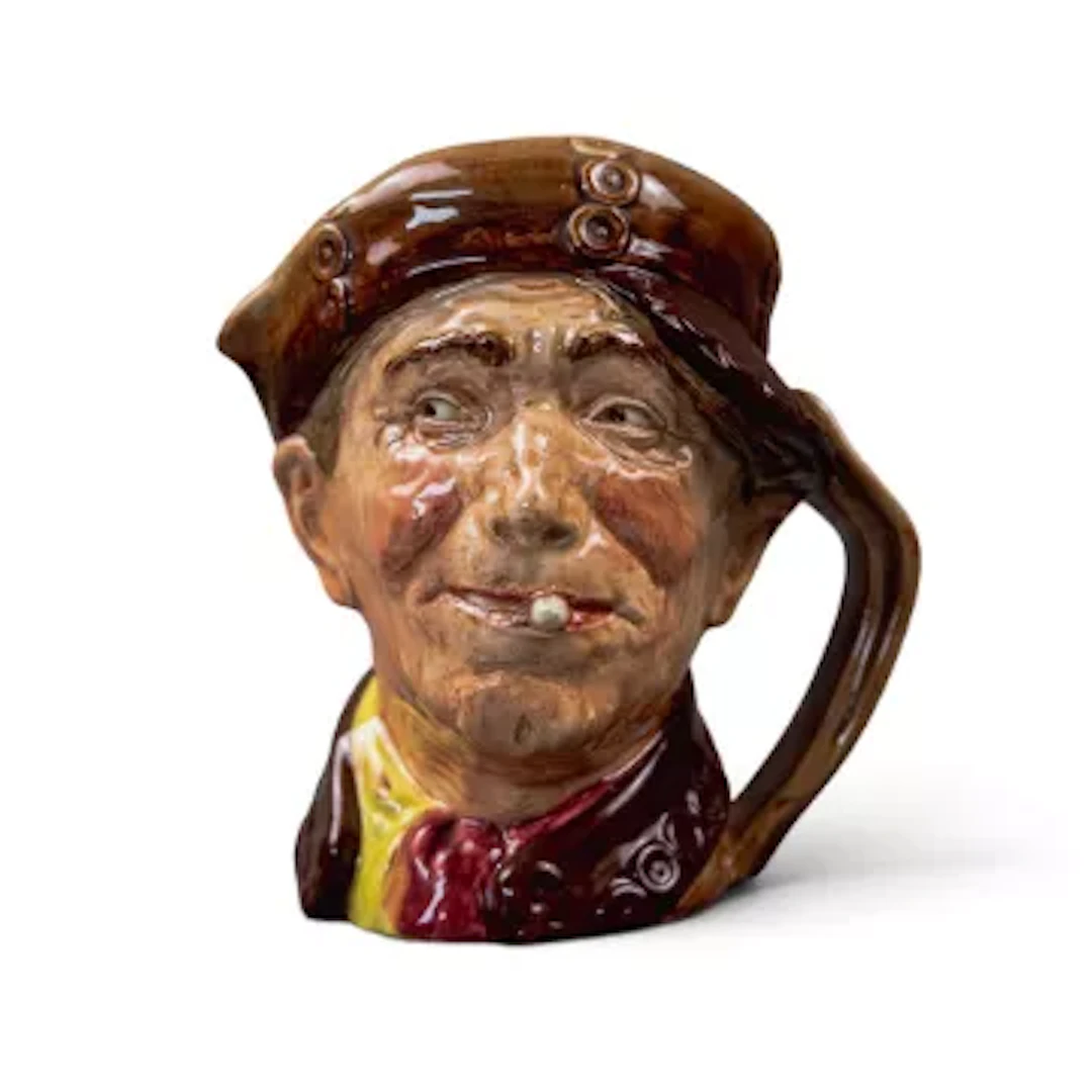 Royal Doulton large character jug brown Pearly Boy, with brown buttons, h.17cm.