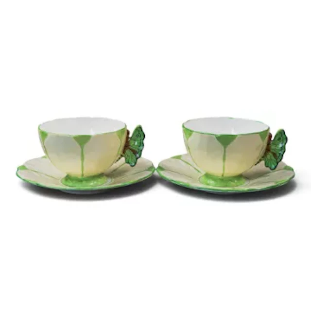 Two Aynsley cups & saucers, with butterfly handled cups, striped green