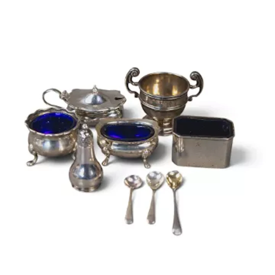 6 x hallmarked silver cruet pieces some with glass liners, weighable