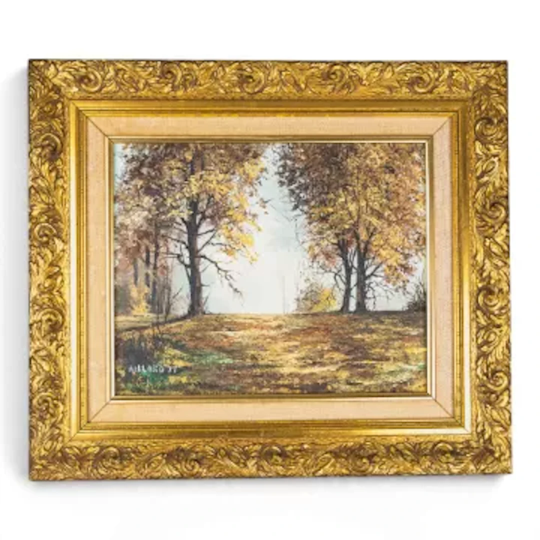 An autumnal landscape oil on board painting by Nigel Hallard featuring