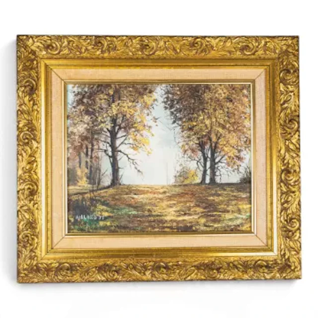 An autumnal landscape oil on board painting by Nigel Hallard featuring