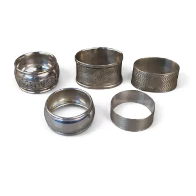 5 x sterling silver hallmarked napkin/serviette rings, part of a large