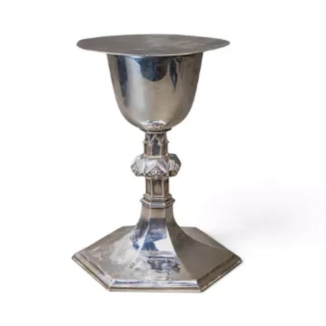 Cased ecclesiastical silver communion cup set with amethyst gemstones