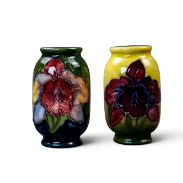 Two Moorcroft Miniature vases in the Orchid design by Walter Moorcroft