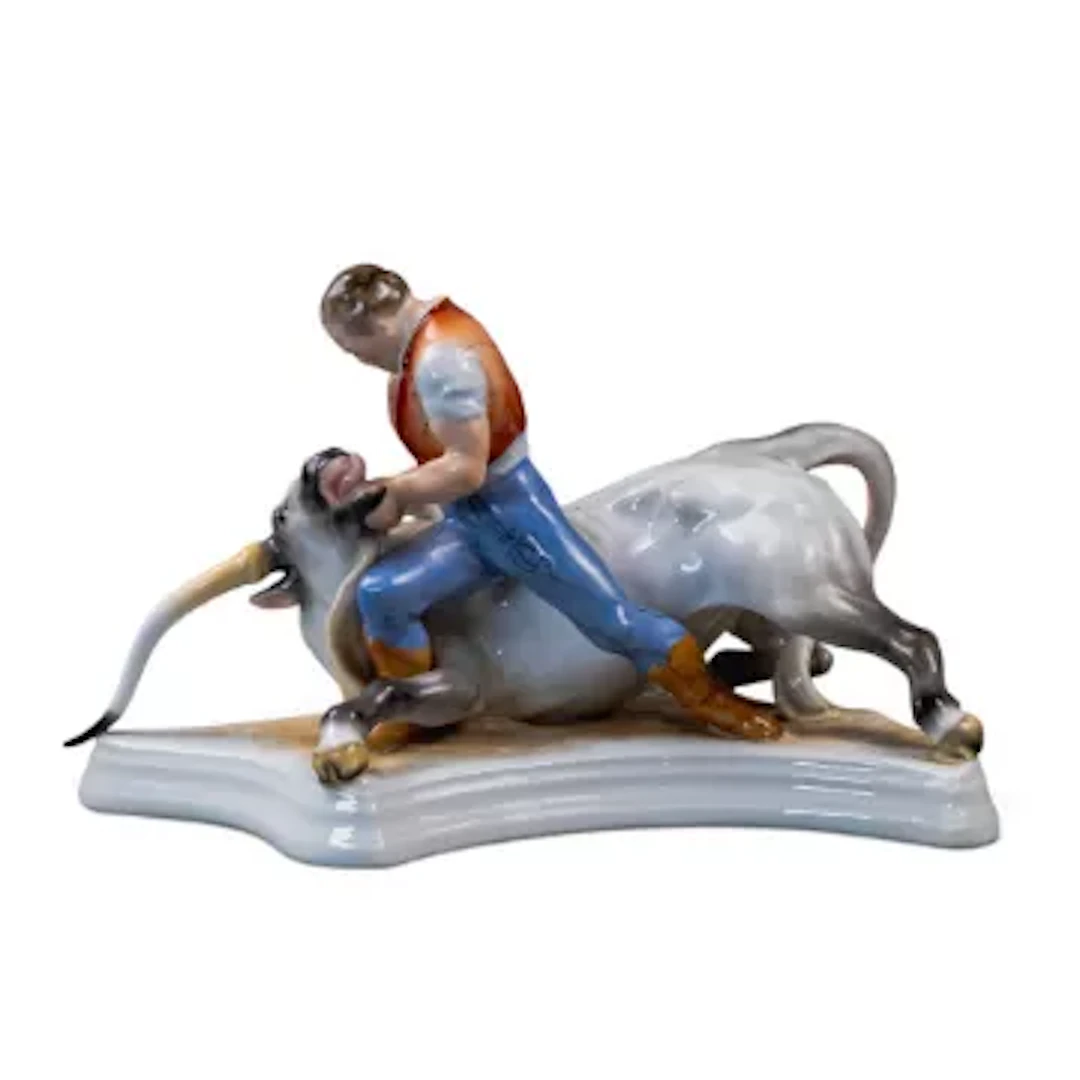 Herend Hungary, porcelain character figure 'Toldi and the Bull' depicting