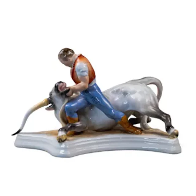 Herend Hungary, porcelain character figure 'Toldi and the Bull' depicting