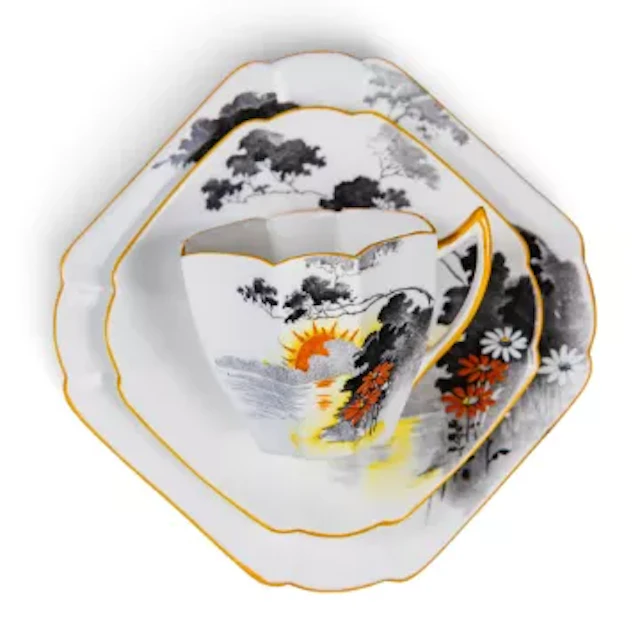 Shelley Art Deco extensive tea set, decorated in the Sunrise and Tall