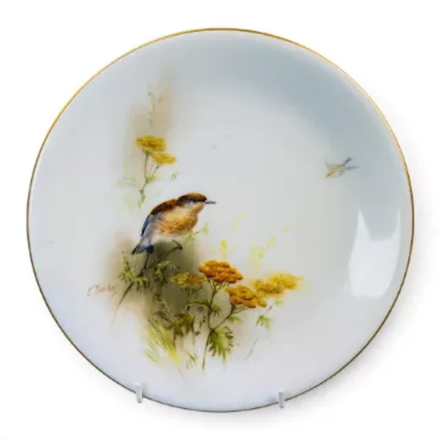 A Royal Worcester plate, decorated with a bird on a branch amongst