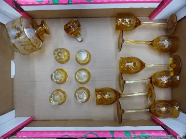 Bohemian Art Deco period amber and clear glass decanter and six liqueur