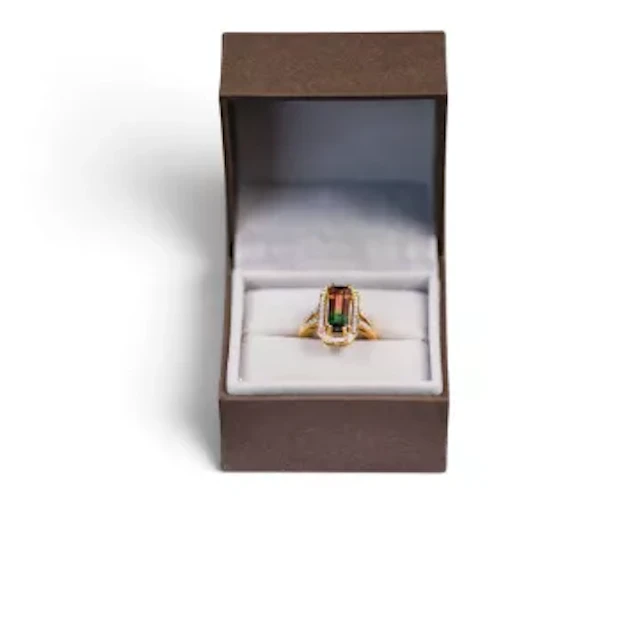 18k gold watermelon tourmaline & diamond ring, size N/O. With COA. 6.69g.