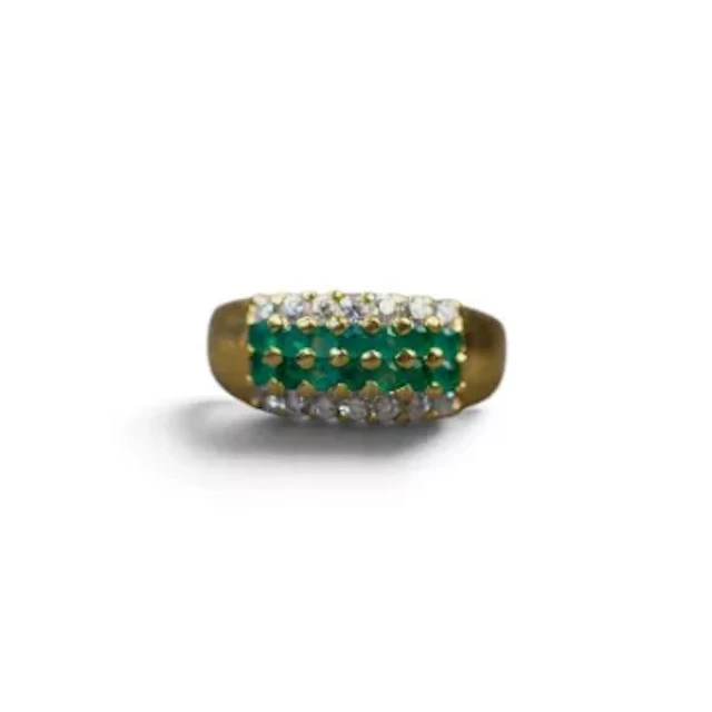 18ct gold cluster ring, featuring two rows of round emeralds bordered
