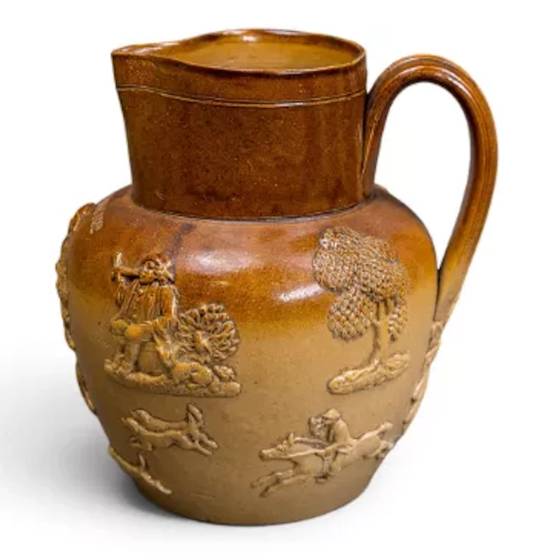 Doulton Lambeth salt glaze jug, "Tommy Toss Pot" decorated with embossed