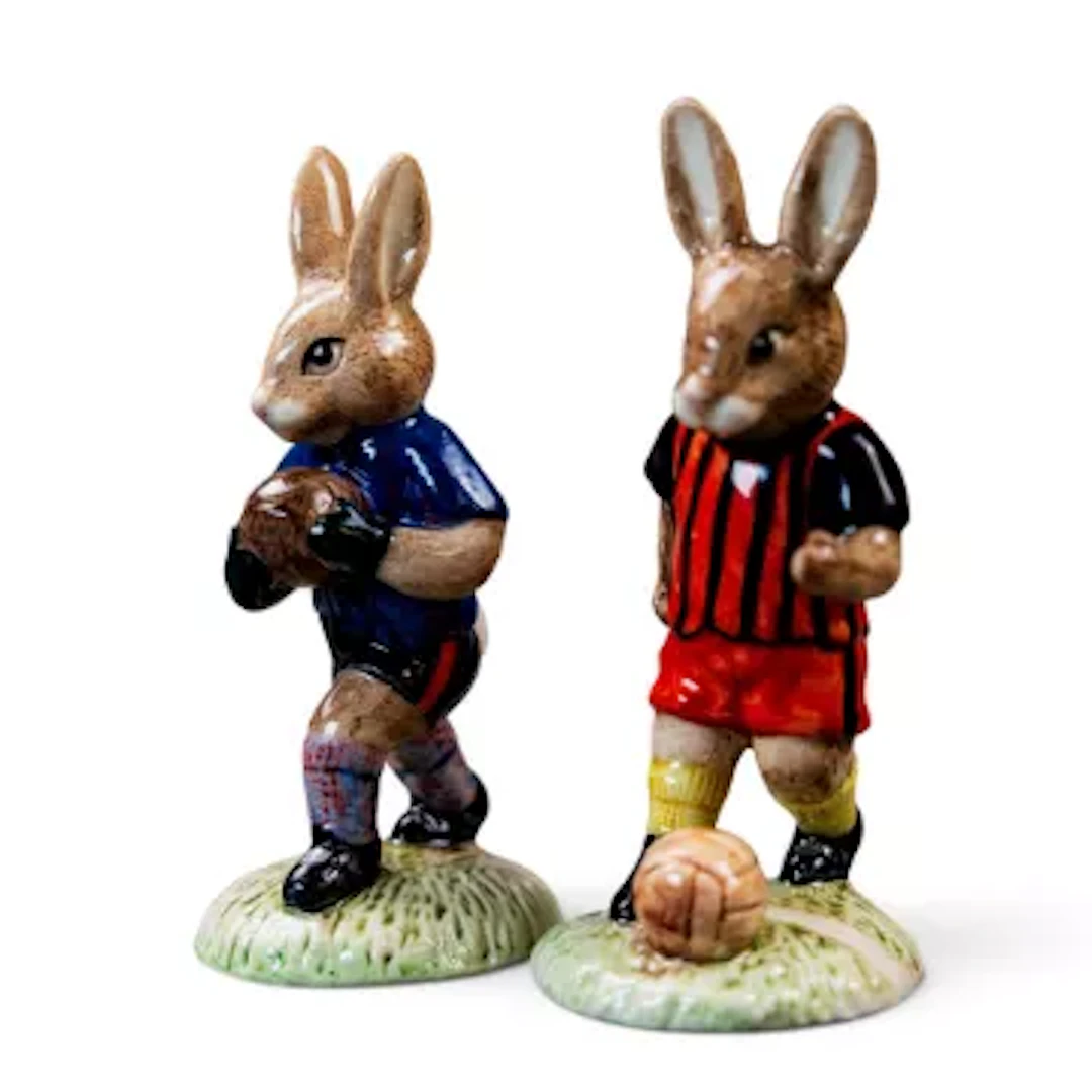 Royal Doulton pair of prototype Bunnykins figures Goalkeeper & Soccer