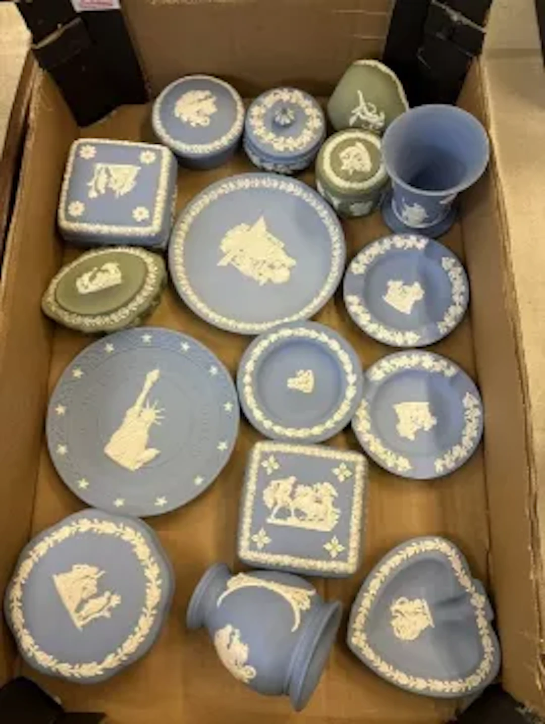 Wedgwood jasperware items in powder blue and sage green, including
