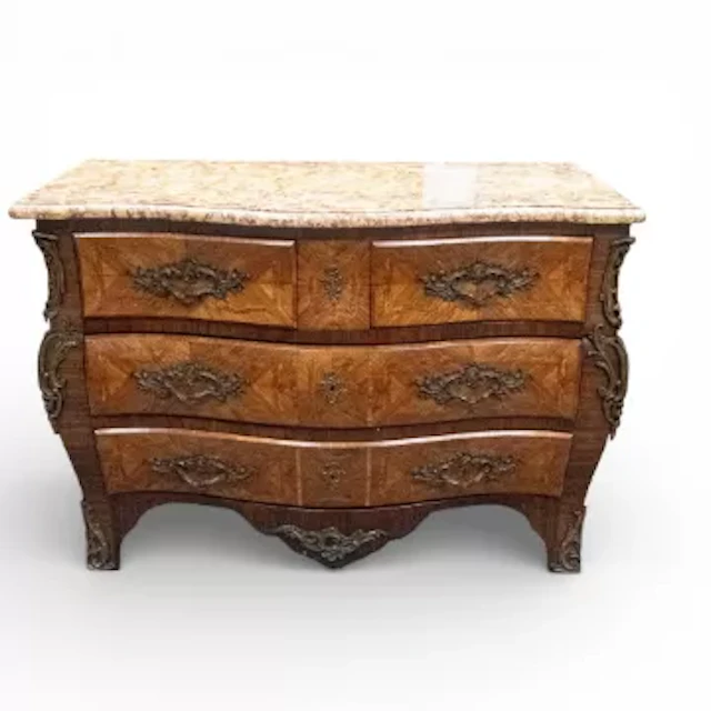French Louis XV style bombe two over two chest of drawers, with parquetry