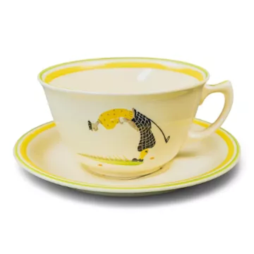 A large breakfast cup & saucer by Susie Cooper, c1930, featuring a