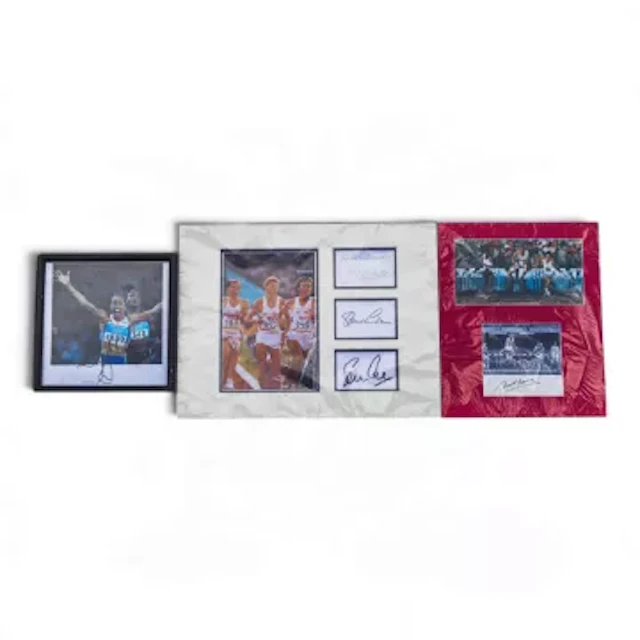 A collection of athletic photographs to include a display signed by