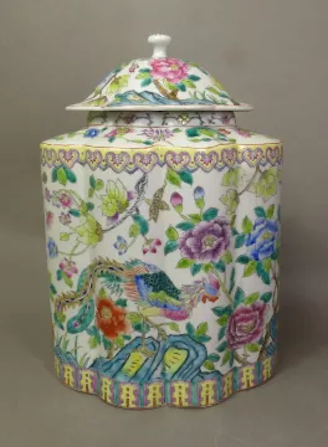 Large scallop shaped porcelain tea caddy and cover, hand enamelled