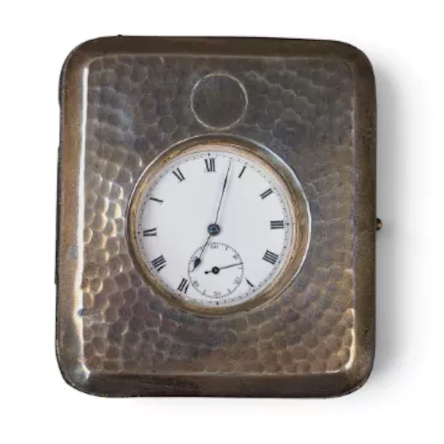 Hallmarked silver watch holder/desk top clock stand, containing a