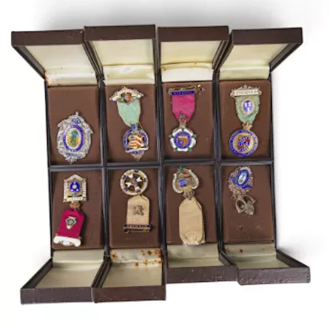 Masonic hallmarked silver & enamel medals/jewels x 8, 204g gross. (8)