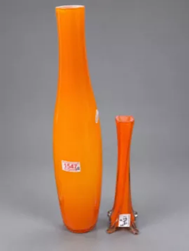 Mid-century orange art glass vase of twisted square form, together